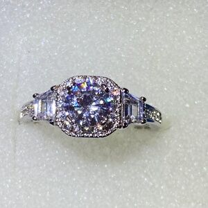 New Stunning Sterling Silver Halo Engagement Ring - White